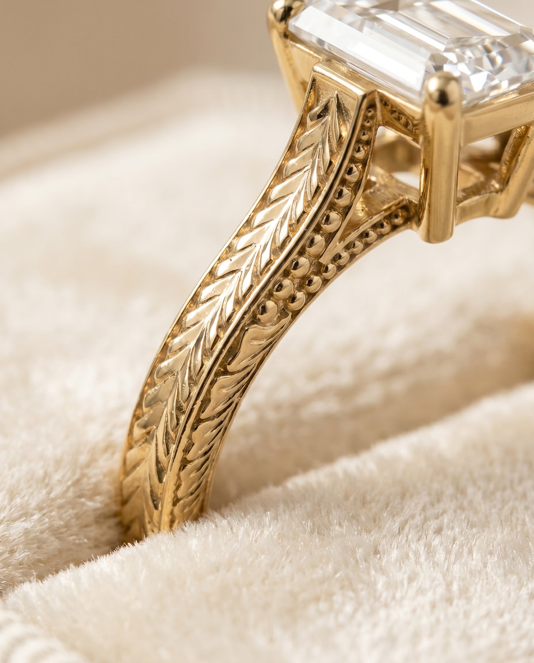 18K Yellow Gold band of The Aida emerald engagement ring setting | RockHer