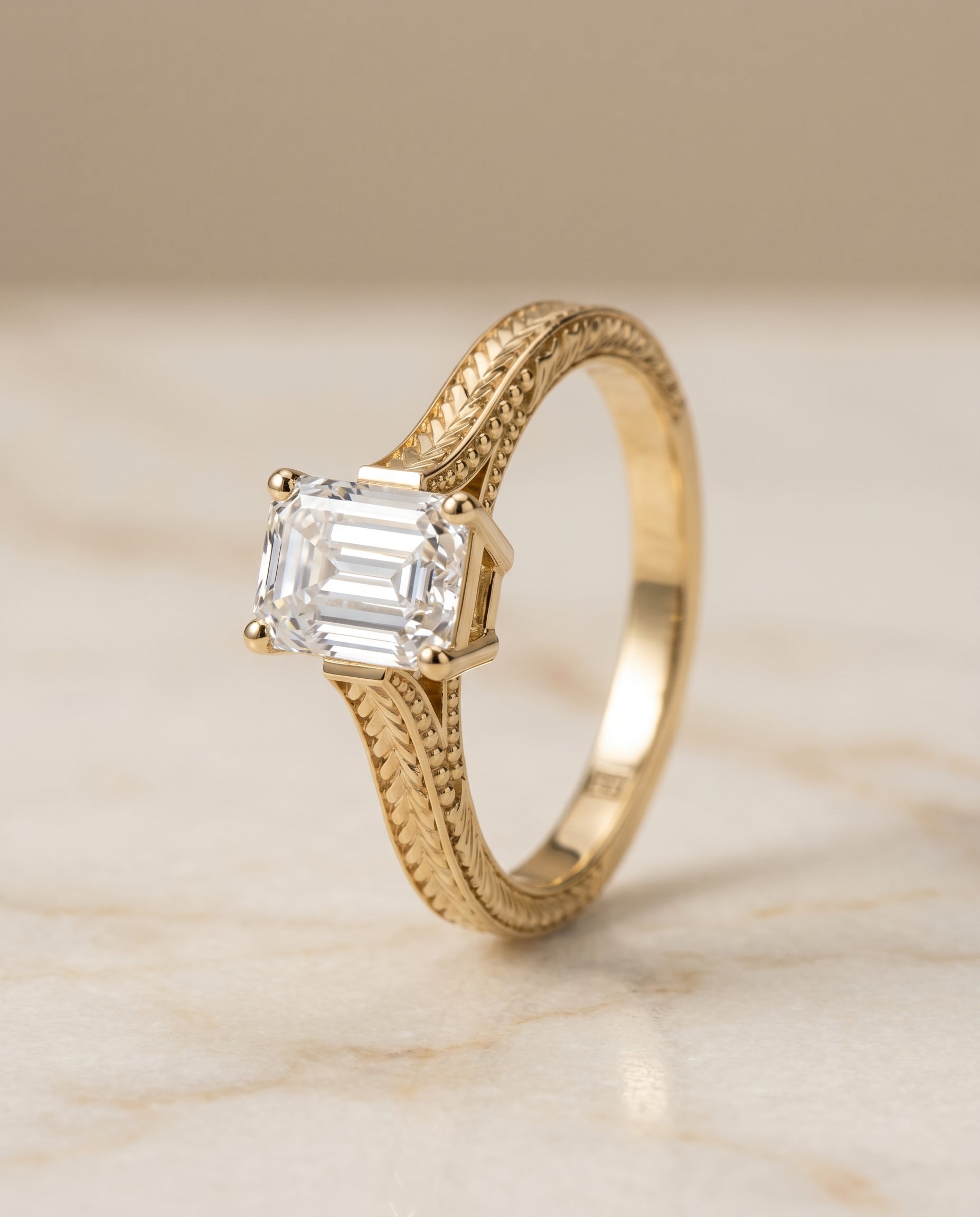 Hand Engraved Vintage Cathedral Solitaire Cut styling on The Aida emerald engagement ring setting | RockHer