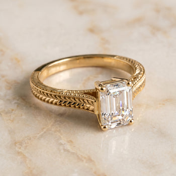 The Aida Hand Engraved Vintage Cathedral Solitaire Emerald Cut Engagement Ring Setting in 18K Yellow Gold