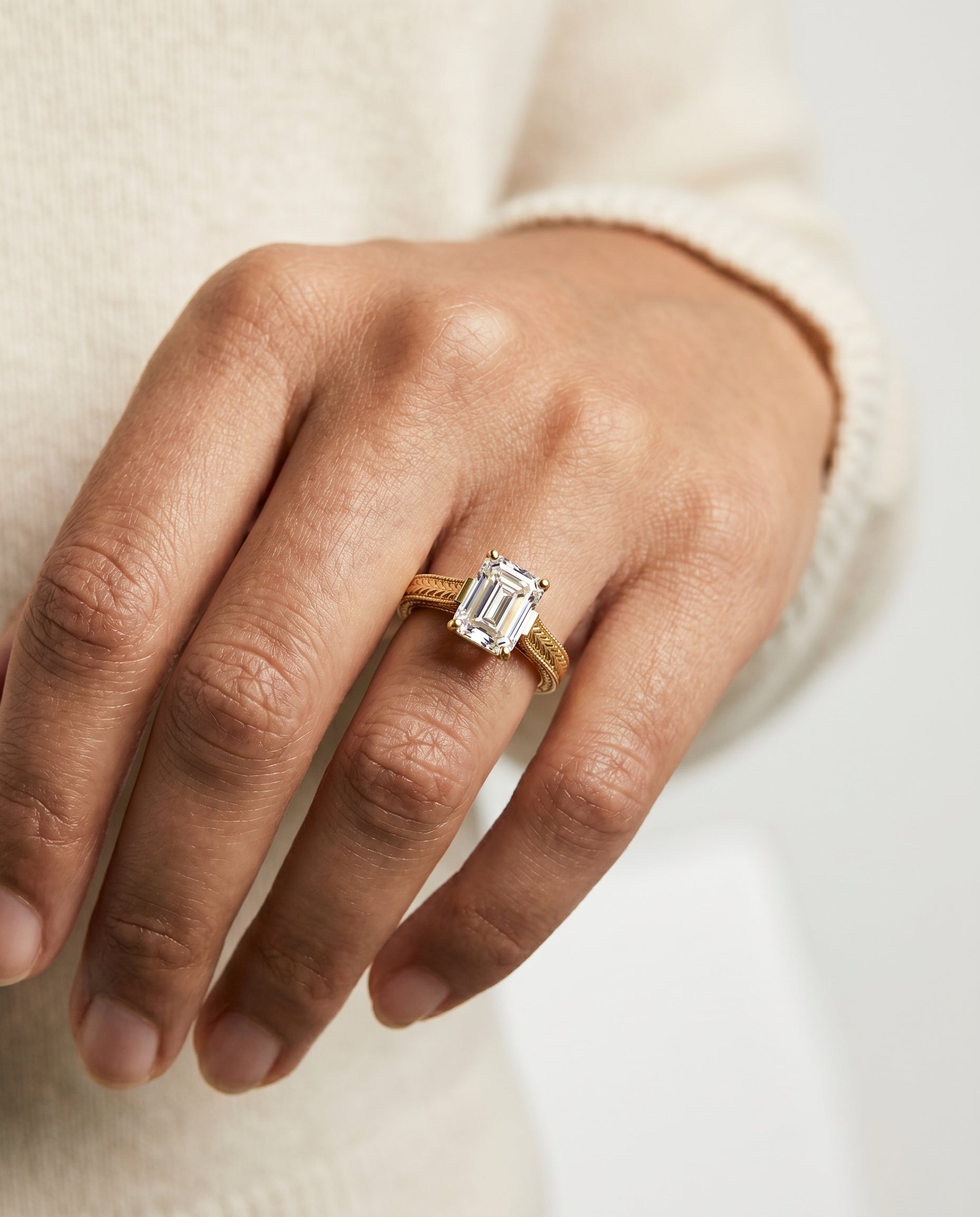 The Aida engagement ring setting in 18K Yellow Gold, hand engraved vintage cathedral solitaire cut design | RockHer