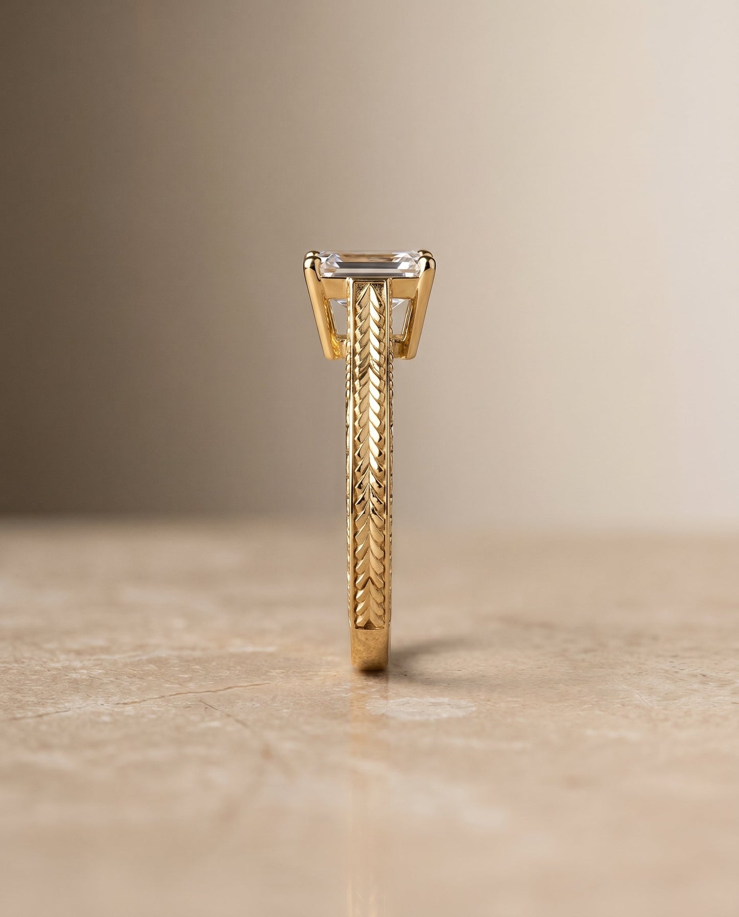 Aida Select Vintage Solitaire Emerald Cut Lab Diamond Engagement Ring in 18K Yellow Gold, side view | RockHer