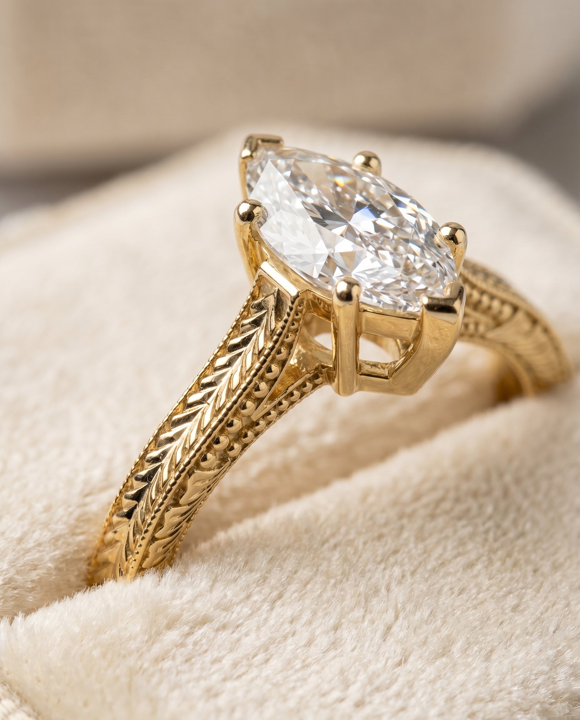 18K Yellow Gold band of The Aida marquise engagement ring setting | RockHer