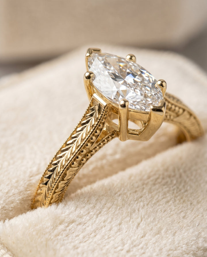 Aida Select Vintage Solitaire Marquise Lab Diamond Engagement Ring in 18K Yellow Gold, detail view | RockHer