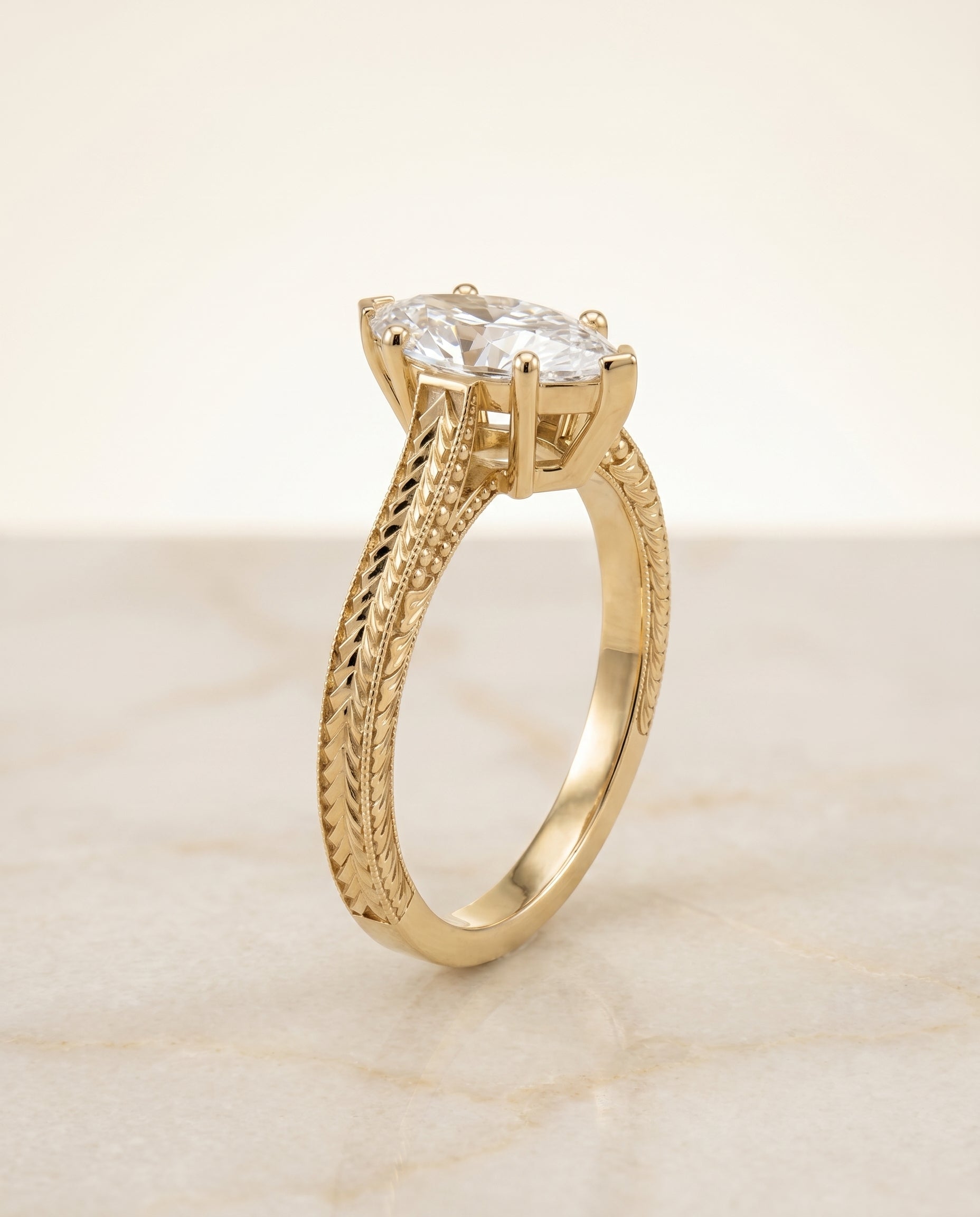Hand Engraved Vintage Cathedral Solitaire styling on The Aida marquise engagement ring setting | RockHer