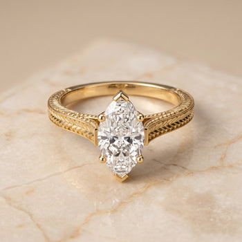 The Aida Hand Engraved Vintage Cathedral Solitaire Marquise Engagement Ring Setting in 18K Yellow Gold