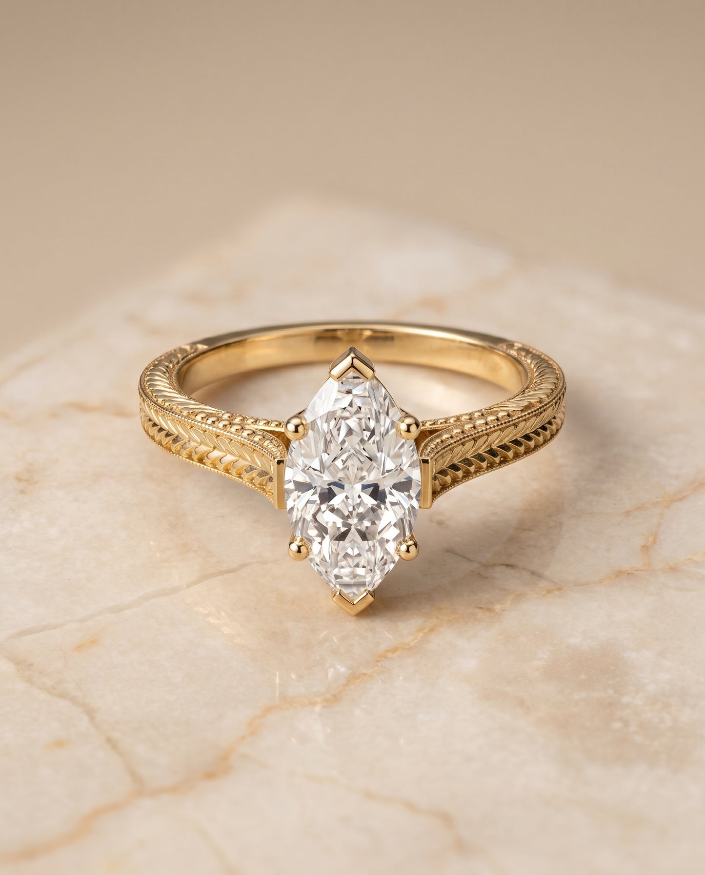 The Aida Hand Engraved Vintage Cathedral Solitaire Marquise Engagement Ring Setting in 18K Yellow Gold