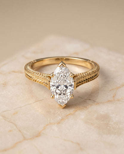The Aida Hand Engraved Vintage Cathedral Solitaire Marquise Engagement Ring Setting in 18K Yellow Gold