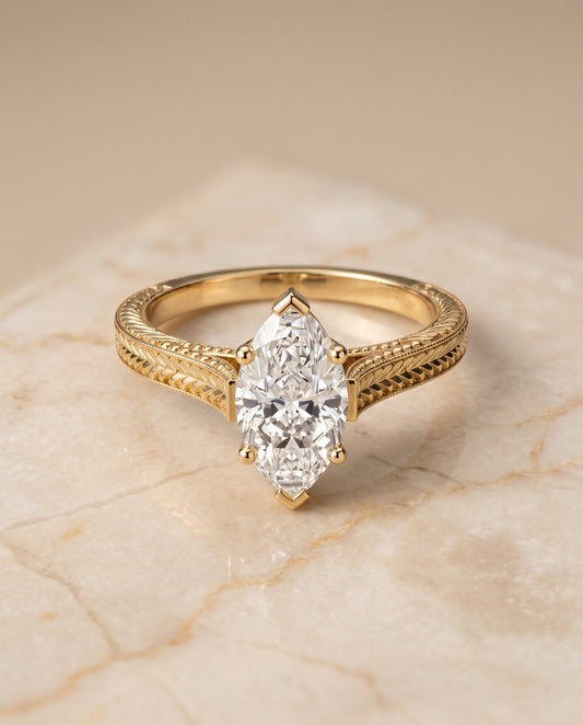 The Aida Vintage Solitaire Engagement Ring Setting for Marquise Diamonds in 18K Yellow Gold