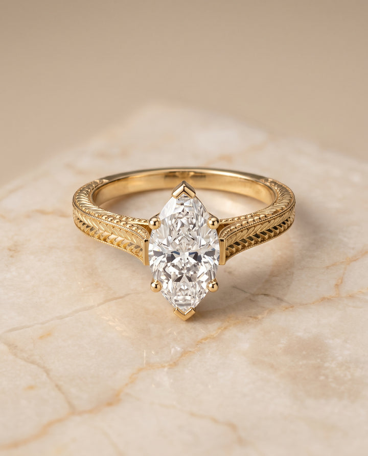 The Aida Hand Engraved Vintage Cathedral Solitaire Marquise Engagement Ring Setting in 18K Yellow Gold