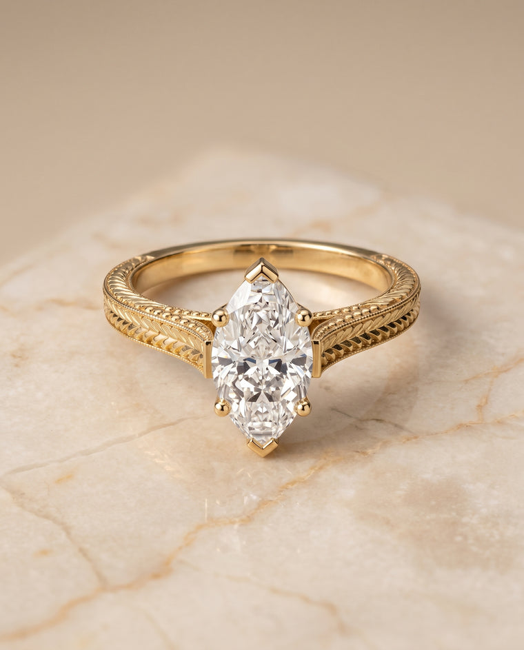 The Aida Hand Engraved Vintage Cathedral Solitaire Marquise Engagement Ring Setting in 18K Yellow Gold