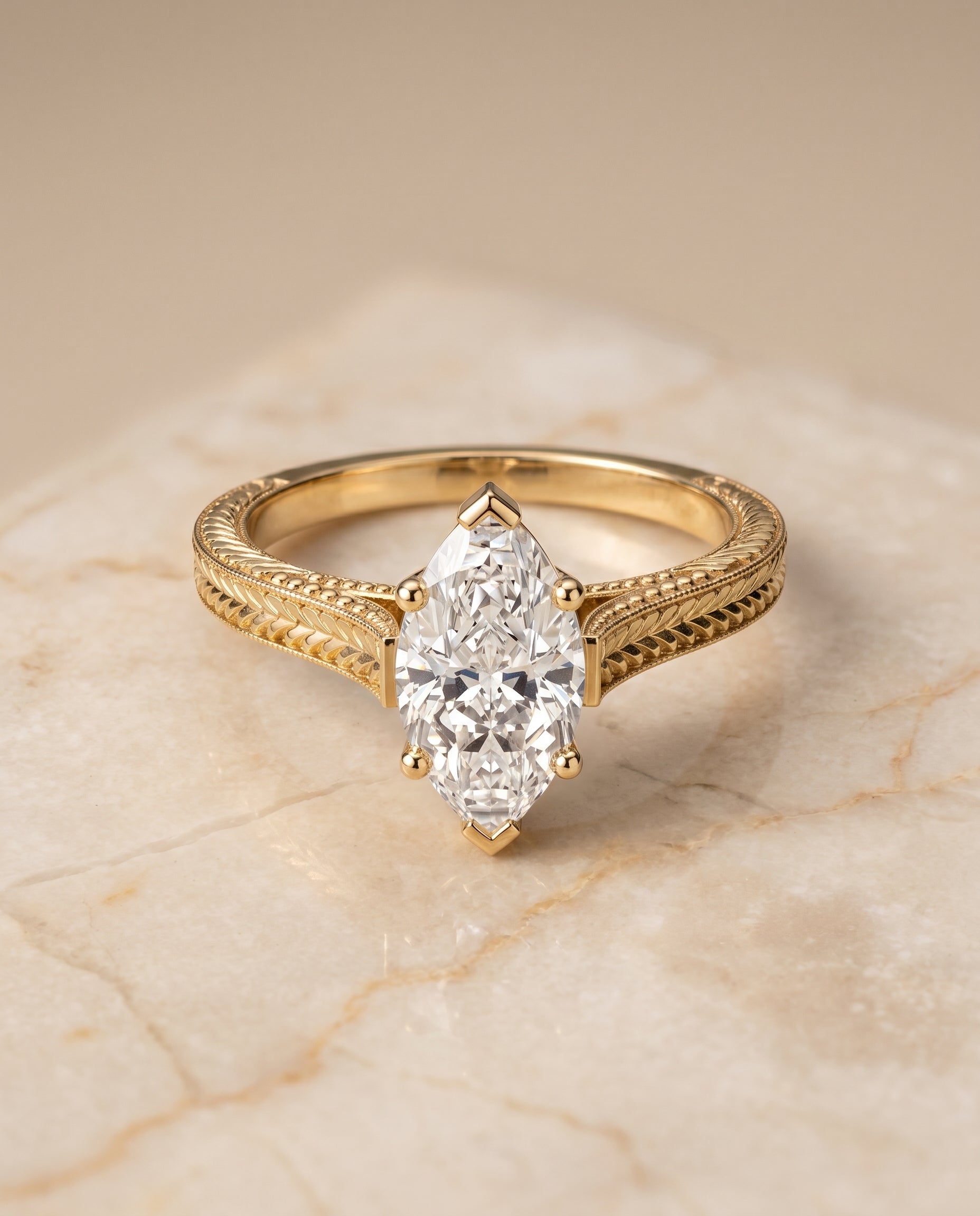 Aida Select Vintage Solitaire Marquise Lab Diamond Engagement Ring in 18K Yellow Gold, shown on hand, angled | RockHer