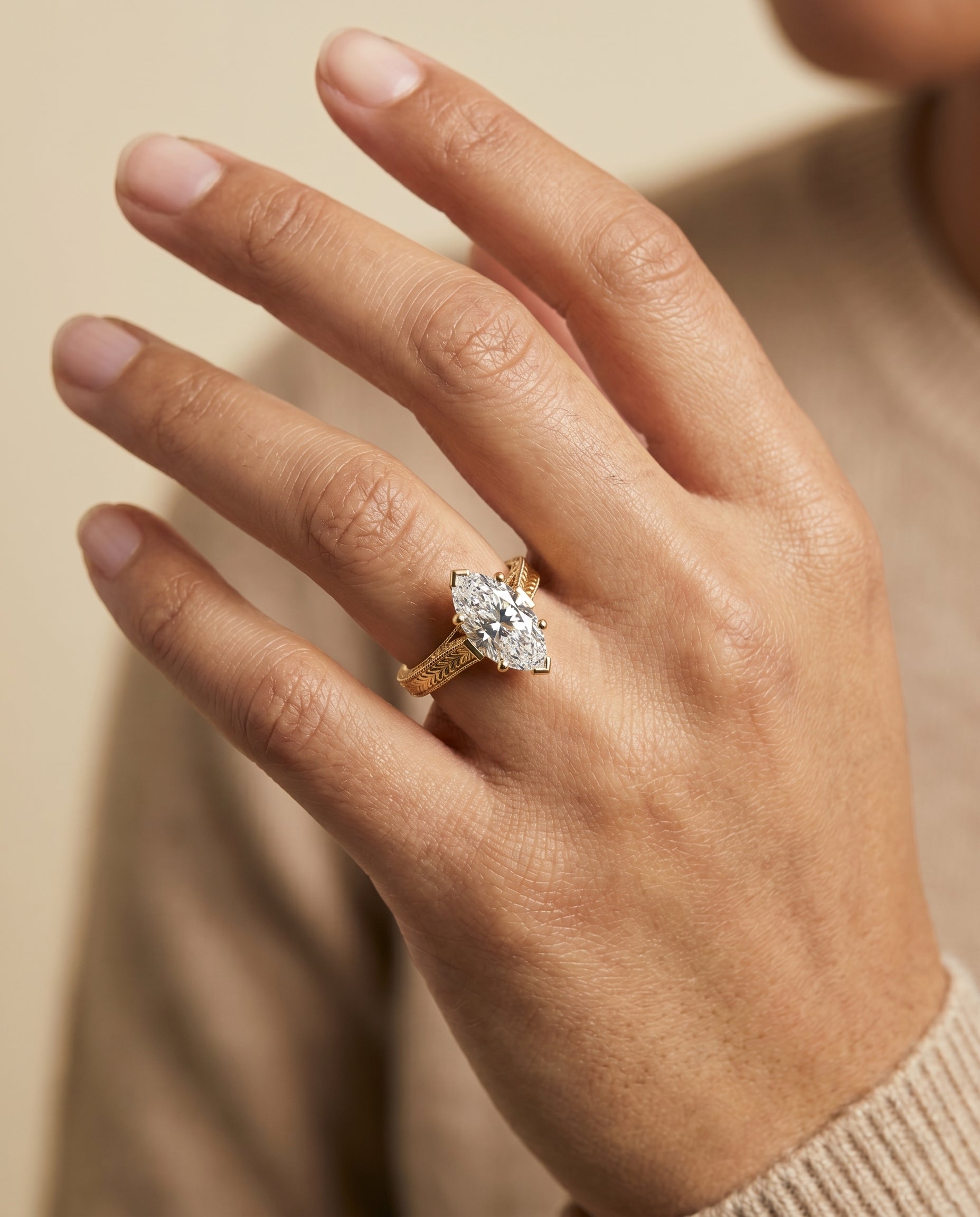 The Aida engagement ring setting in 18K Yellow Gold, hand engraved vintage cathedral solitaire design | RockHer