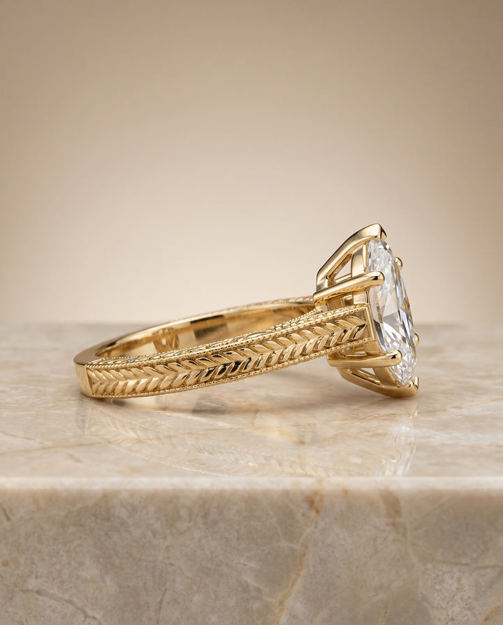 The Aida Hand Engraved Vintage Cathedral Solitaire Marquise Engagement Ring Setting in 18K Yellow Gold
