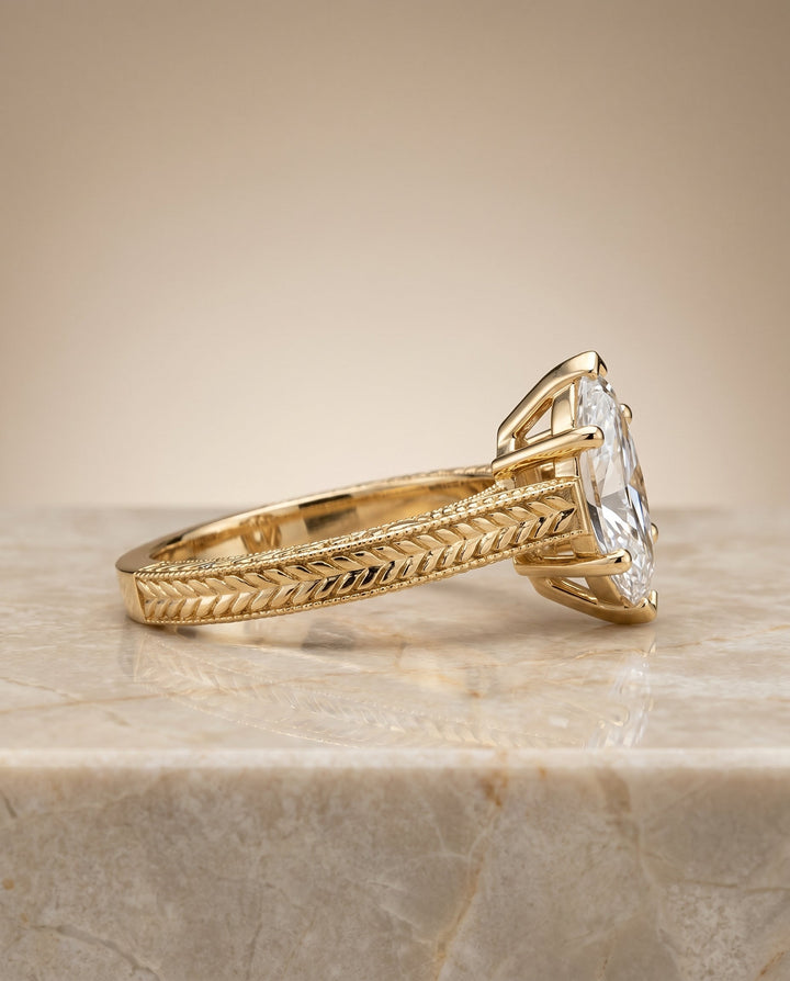 Aida Select Vintage Solitaire Marquise Lab Diamond Engagement Ring in 18K Yellow Gold, side view | RockHer
