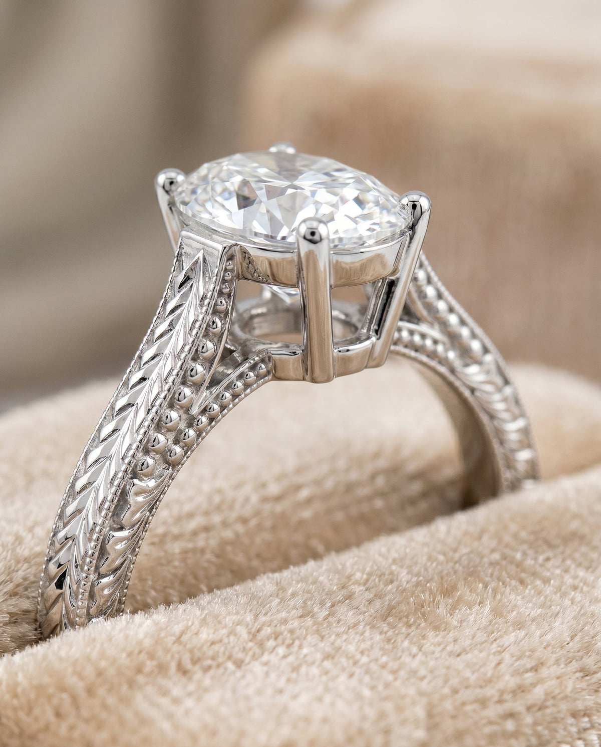 Aida Select Vintage Solitaire Oval Lab Diamond Engagement Ring in 18K White Gold, detail view | RockHer