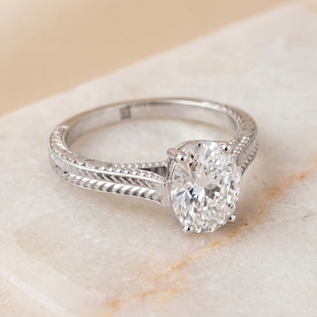 The Aida Hand Engraved Vintage Cathedral Solitaire Oval Engagement Ring Setting in Platinum