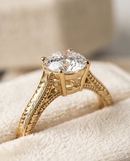 Aida Select Vintage Solitaire Round Lab Diamond Engagement Ring in 18K Yellow Gold, detail view | RockHer