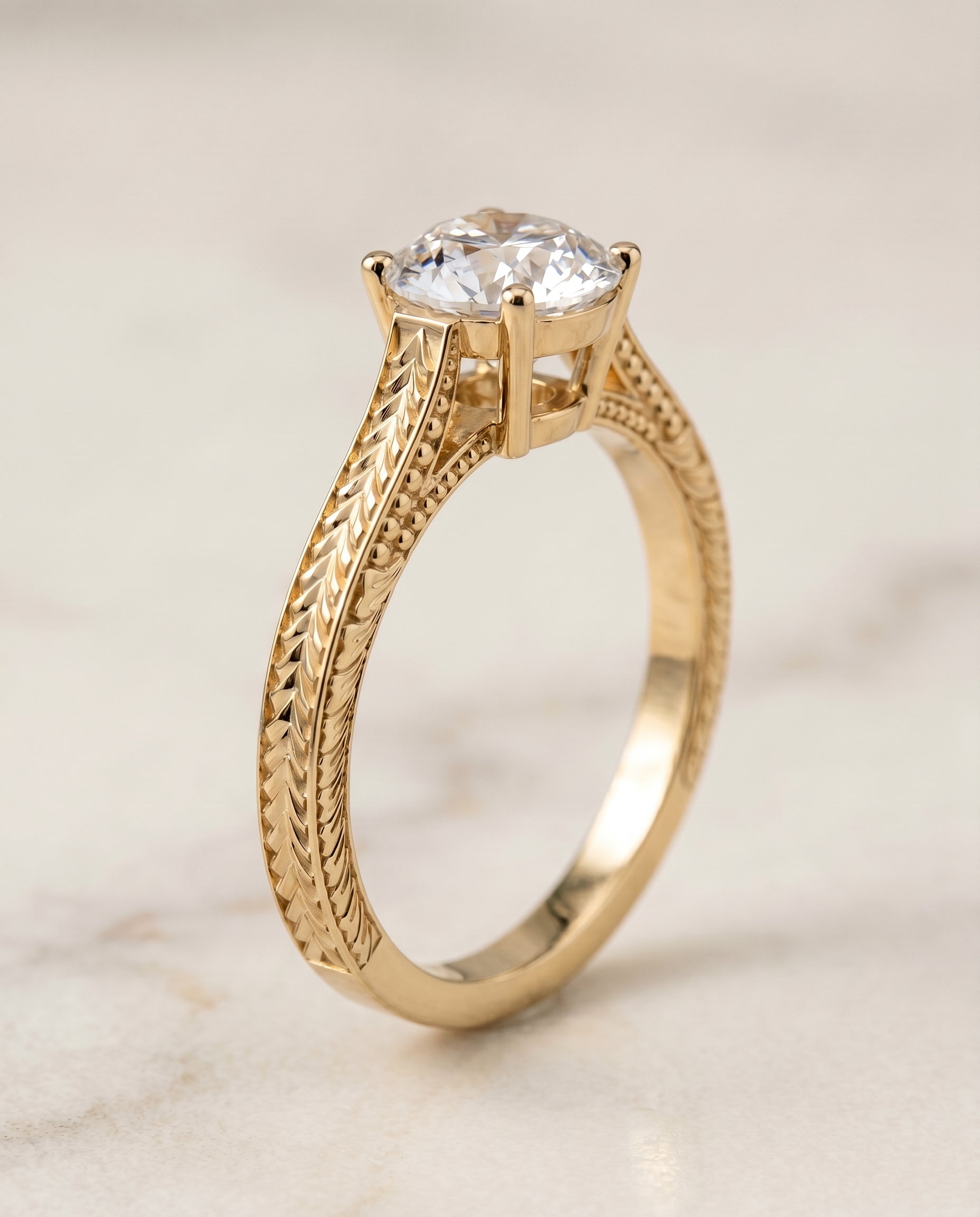 Hand Engraved Vintage Cathedral Solitaire styling on The Aida round engagement ring setting | RockHer