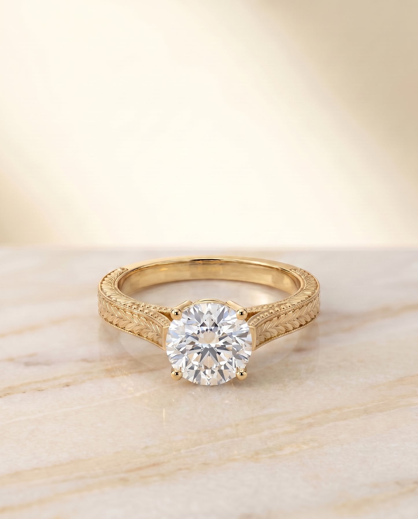 The Aida Hand Engraved Vintage Cathedral Solitaire Round Engagement Ring Setting in 18K Yellow Gold