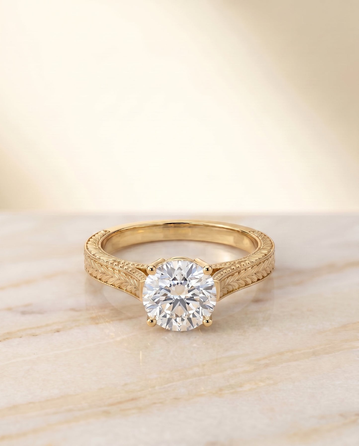 Aida Select Vintage Solitaire Round Lab Diamond Engagement Ring in 18K Yellow Gold, shown on hand, angled | RockHer