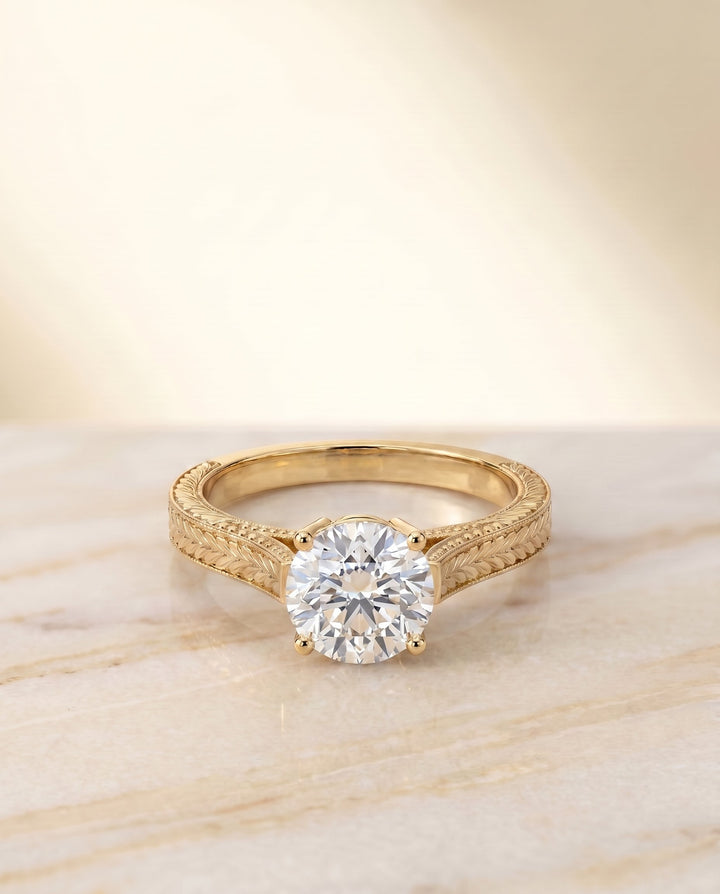 Aida Select Vintage Solitaire Round Lab Diamond Engagement Ring in 18K Yellow Gold, shown on hand, angled | RockHer