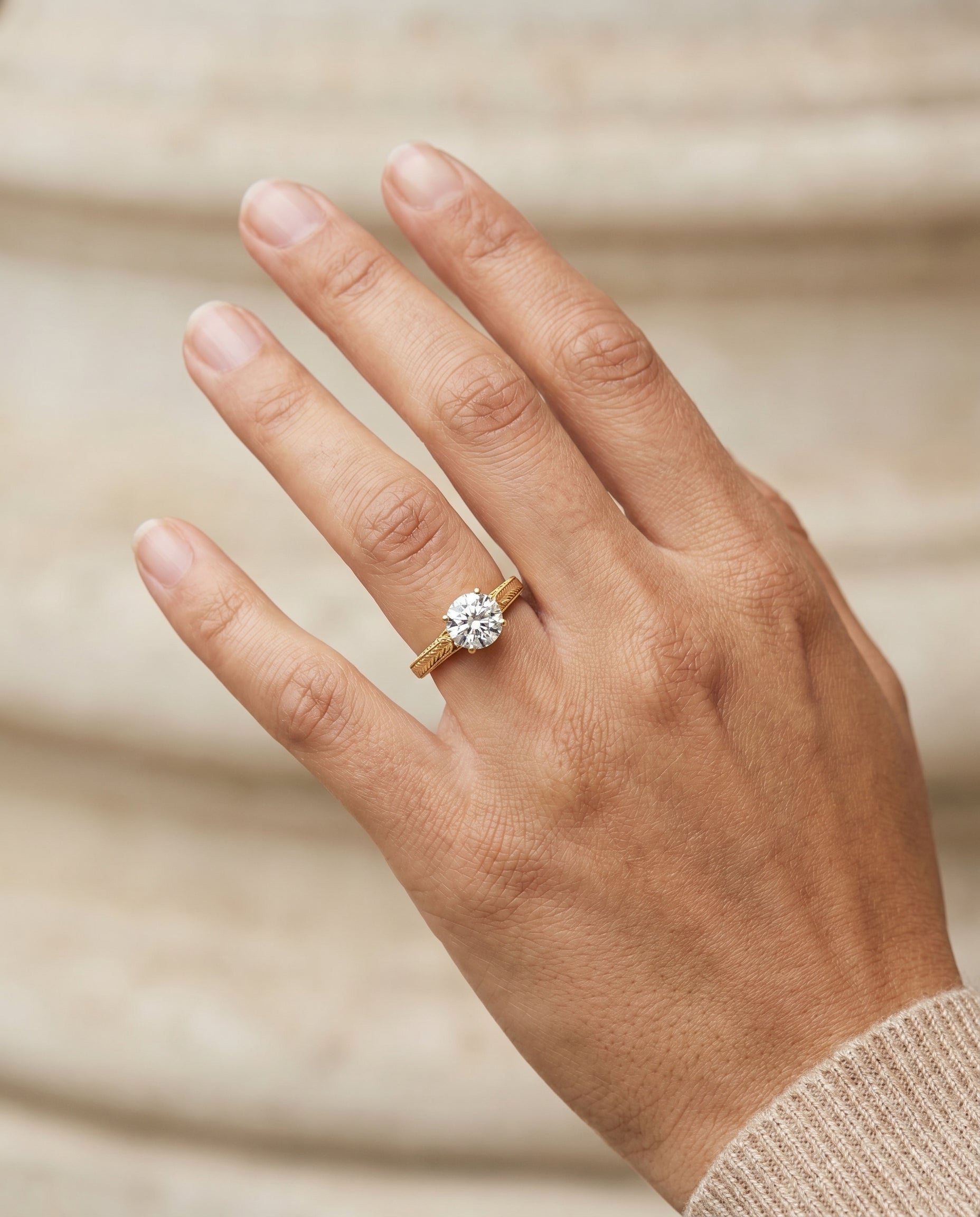 The Aida engagement ring setting in 18K Yellow Gold, hand engraved vintage cathedral solitaire design | RockHer