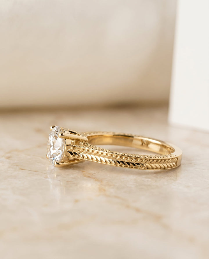 Aida Select Vintage Solitaire Round Lab Diamond Engagement Ring in 18K Yellow Gold, side view | RockHer