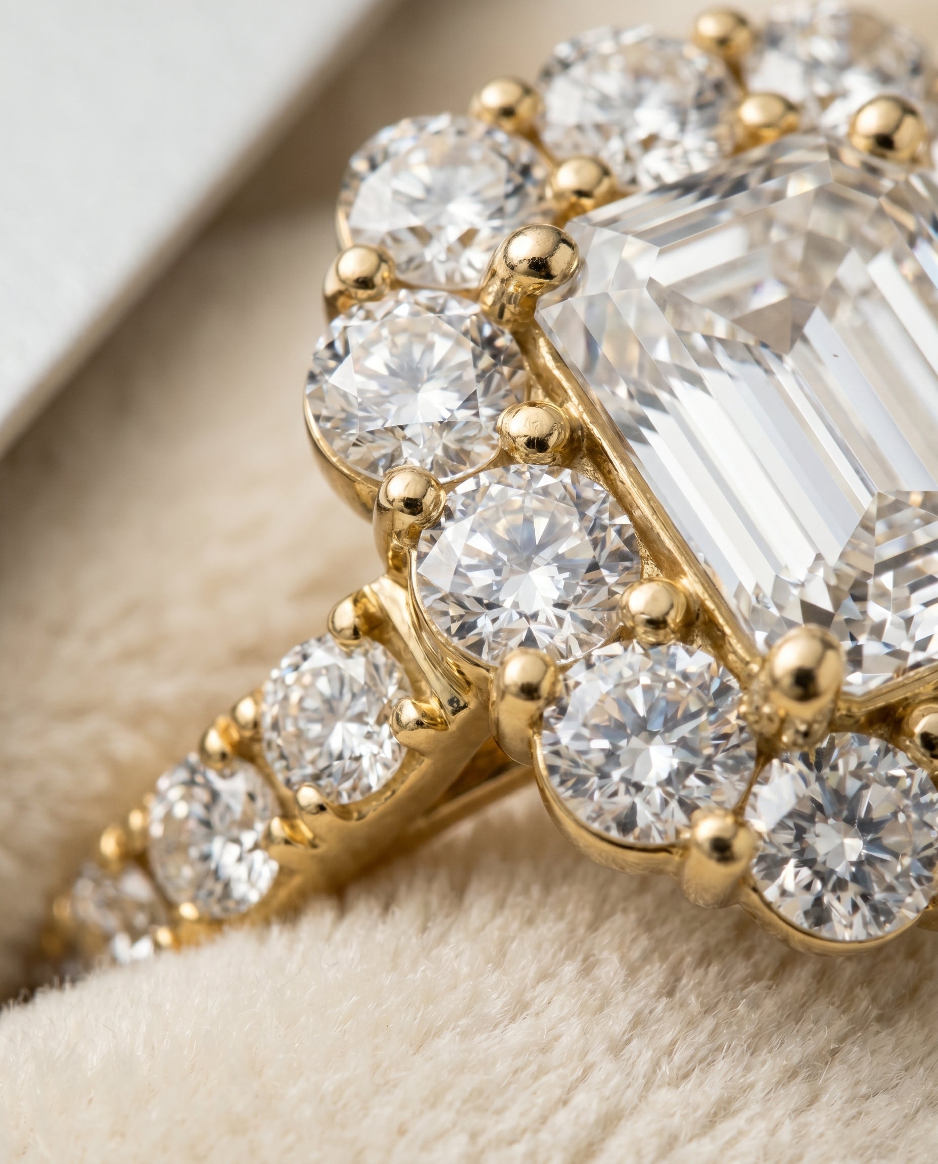 Alannah Select Halo Emerald Cut Lab Diamond Engagement Ring in 18K Yellow Gold, detail view | RockHer