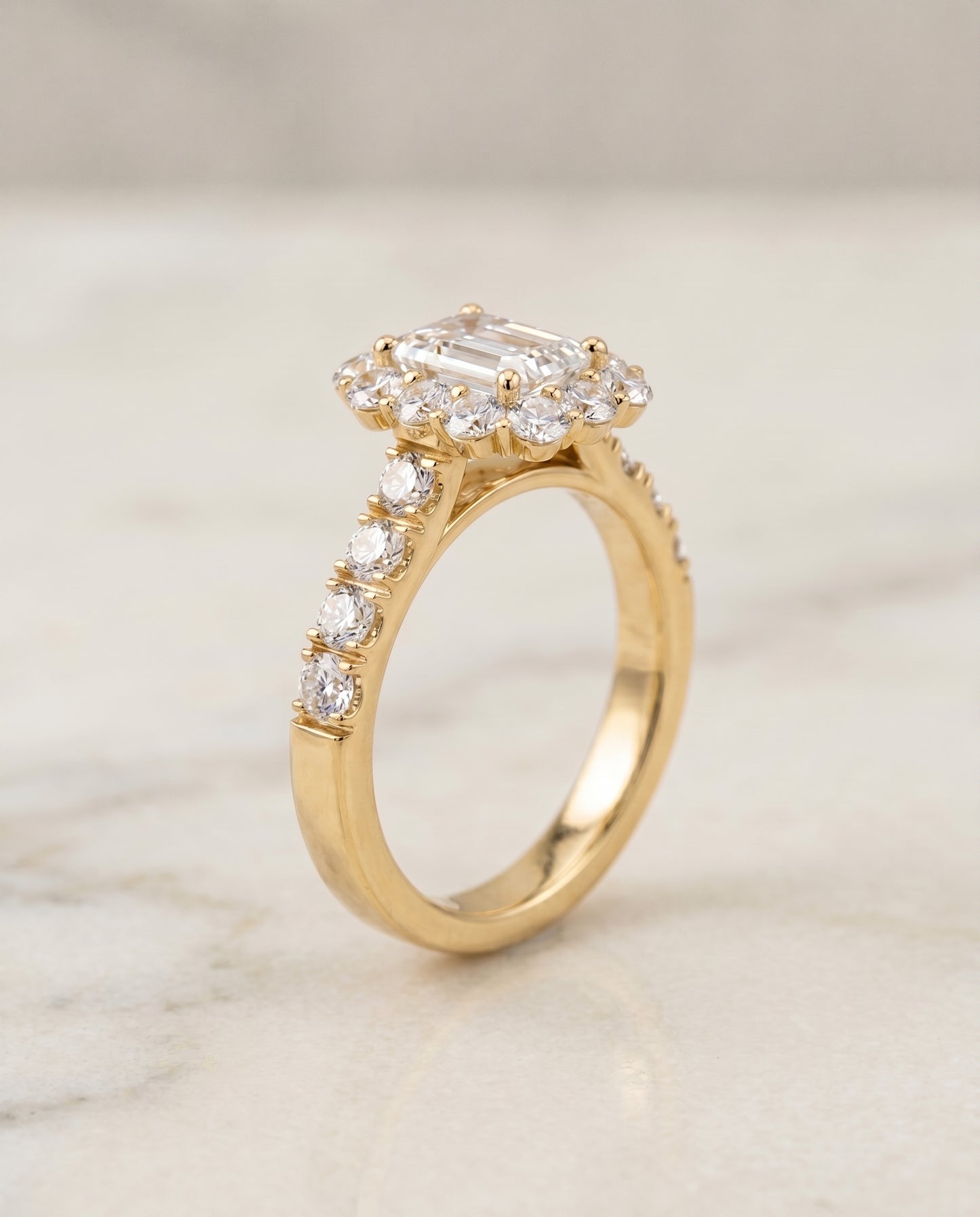 The Alannah Luxe French Pavé Halo Emerald Cut Engagement Ring Setting in 18K Yellow Gold