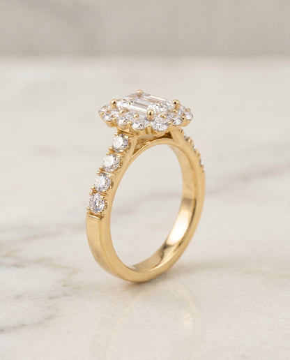The Alannah Luxe French Pavé Halo Emerald Cut Engagement Ring Setting in 18K Yellow Gold