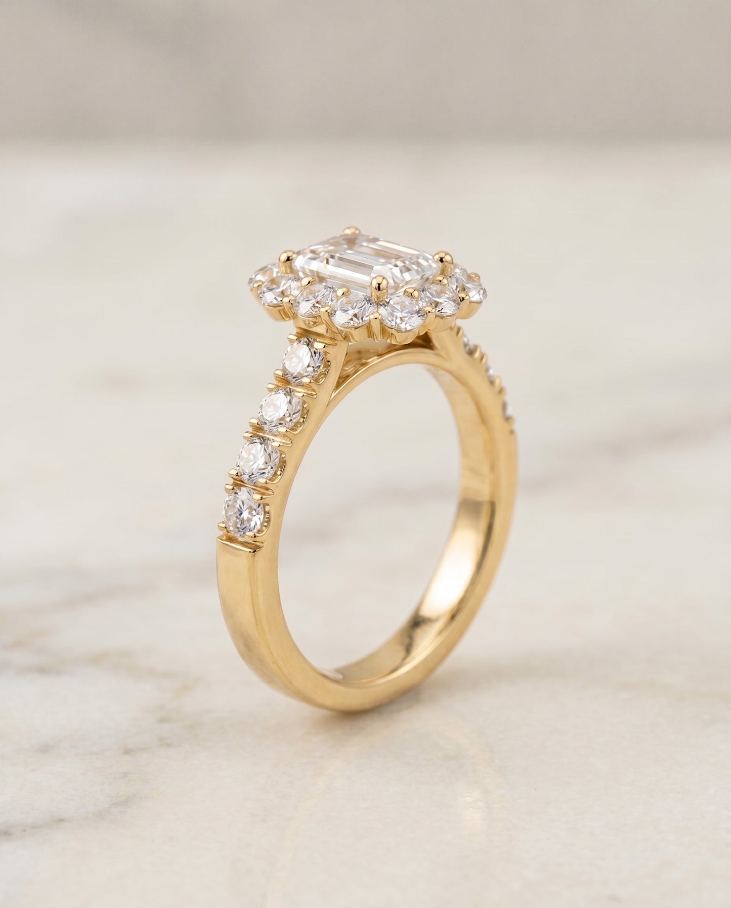 Alannah Select Halo Emerald Cut Lab Diamond Engagement Ring in 18K Yellow Gold, front view | RockHer