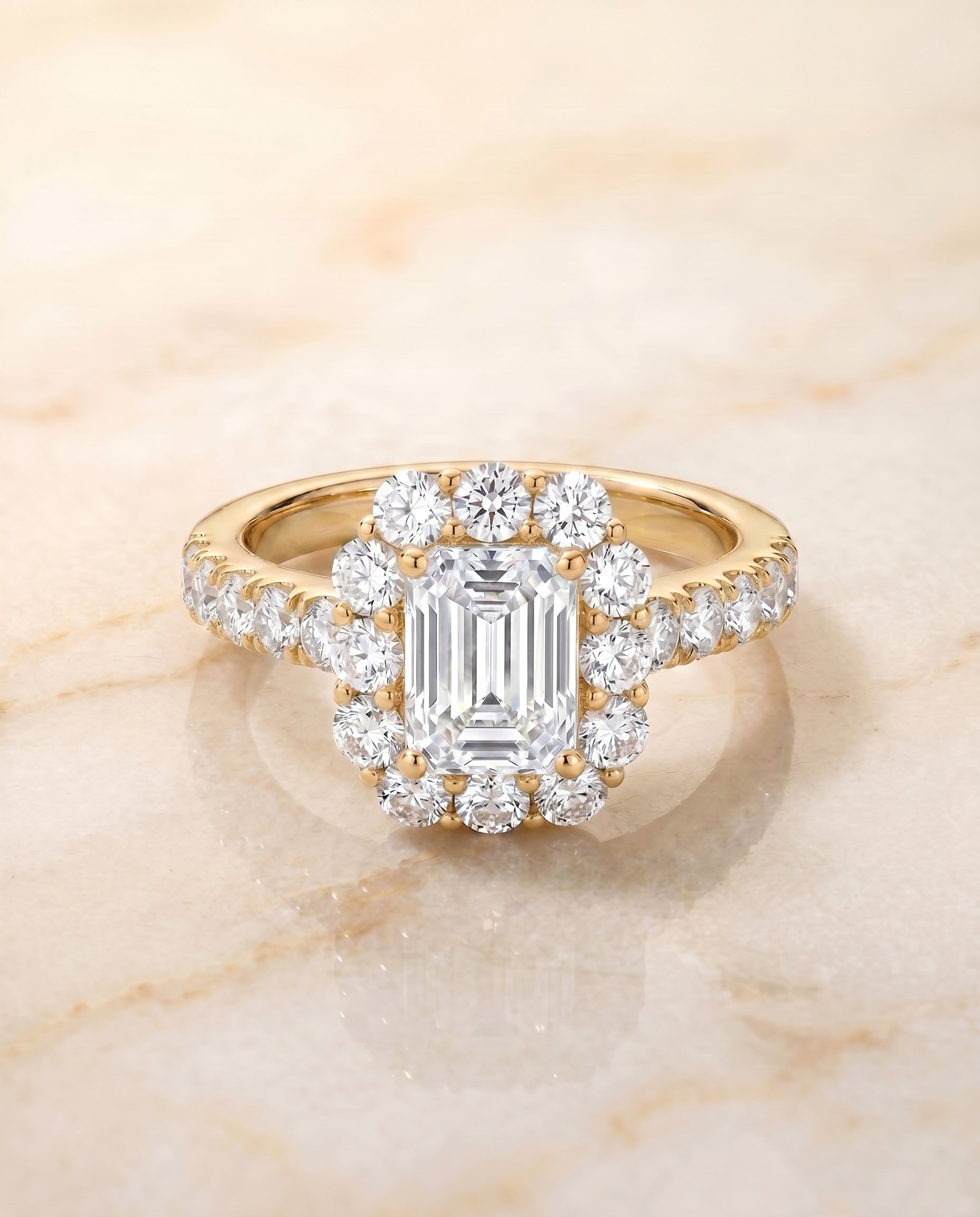 The Alannah Luxe French Pavé Halo Emerald Cut Engagement Ring Setting in 18K Yellow Gold