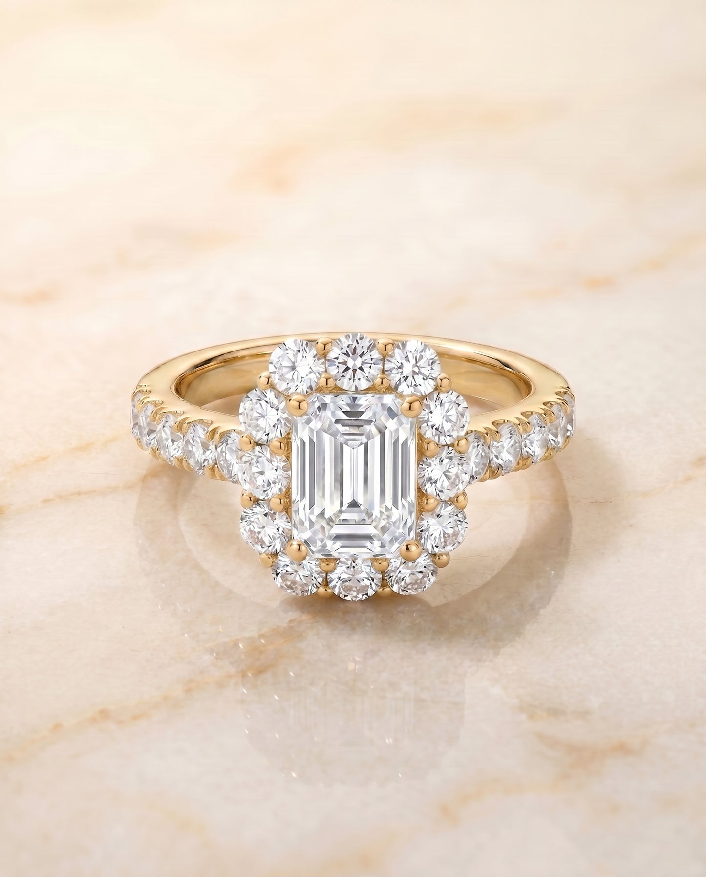 The Alannah Luxe French Pavé Halo Emerald Cut Engagement Ring Setting in 18K Yellow Gold