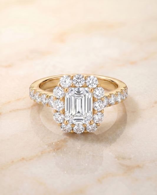 The Alannah Halo Engagement Ring Setting for Emerald Cut Diamonds in 18K Yellow Gold