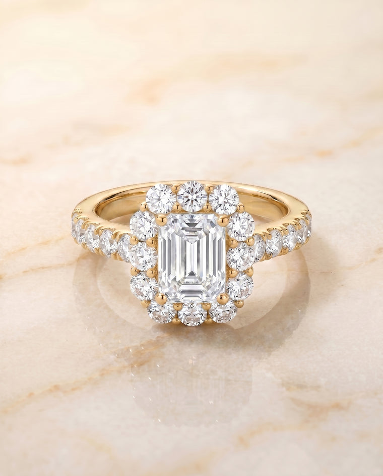 The Alannah Luxe French Pavé Halo Emerald Cut Engagement Ring Setting in 18K Yellow Gold