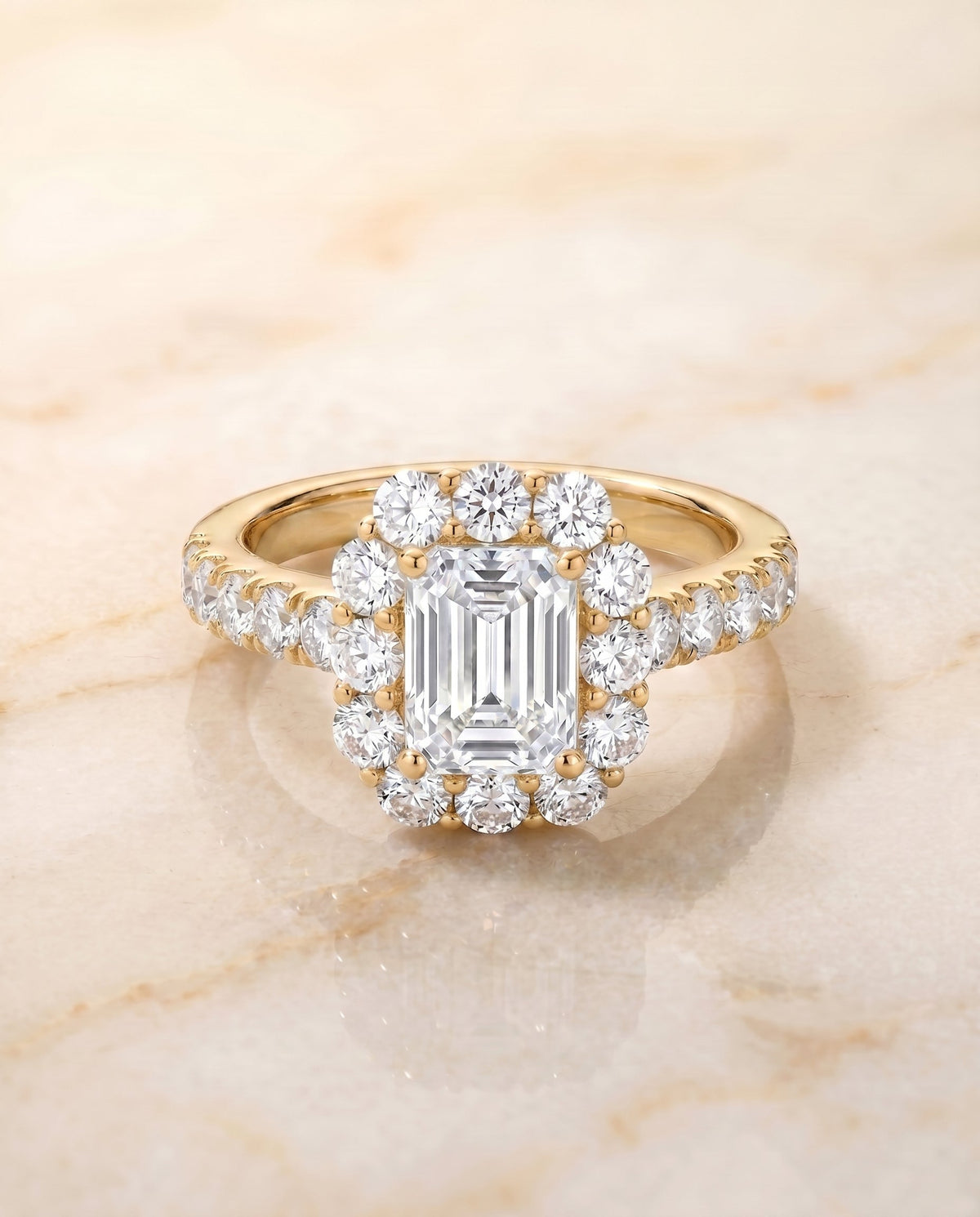 Alannah Select Halo Emerald Cut Lab Diamond Engagement Ring in 18K Yellow Gold, shown on hand, angled | RockHer