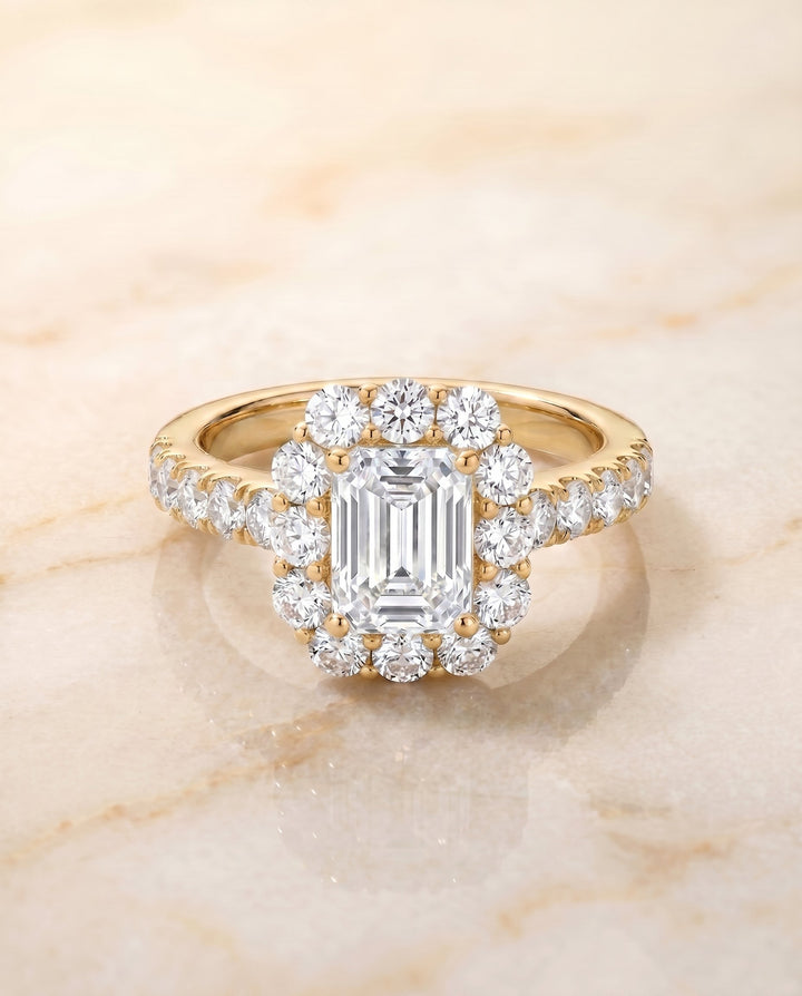 Alannah Select Halo Emerald Cut Lab Diamond Engagement Ring in 18K Yellow Gold, shown on hand, angled | RockHer