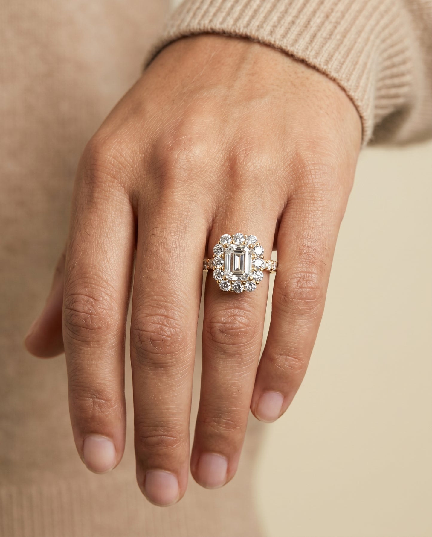 The Alannah Luxe French Pavé Halo Emerald Cut Engagement Ring Setting in 18K Yellow Gold