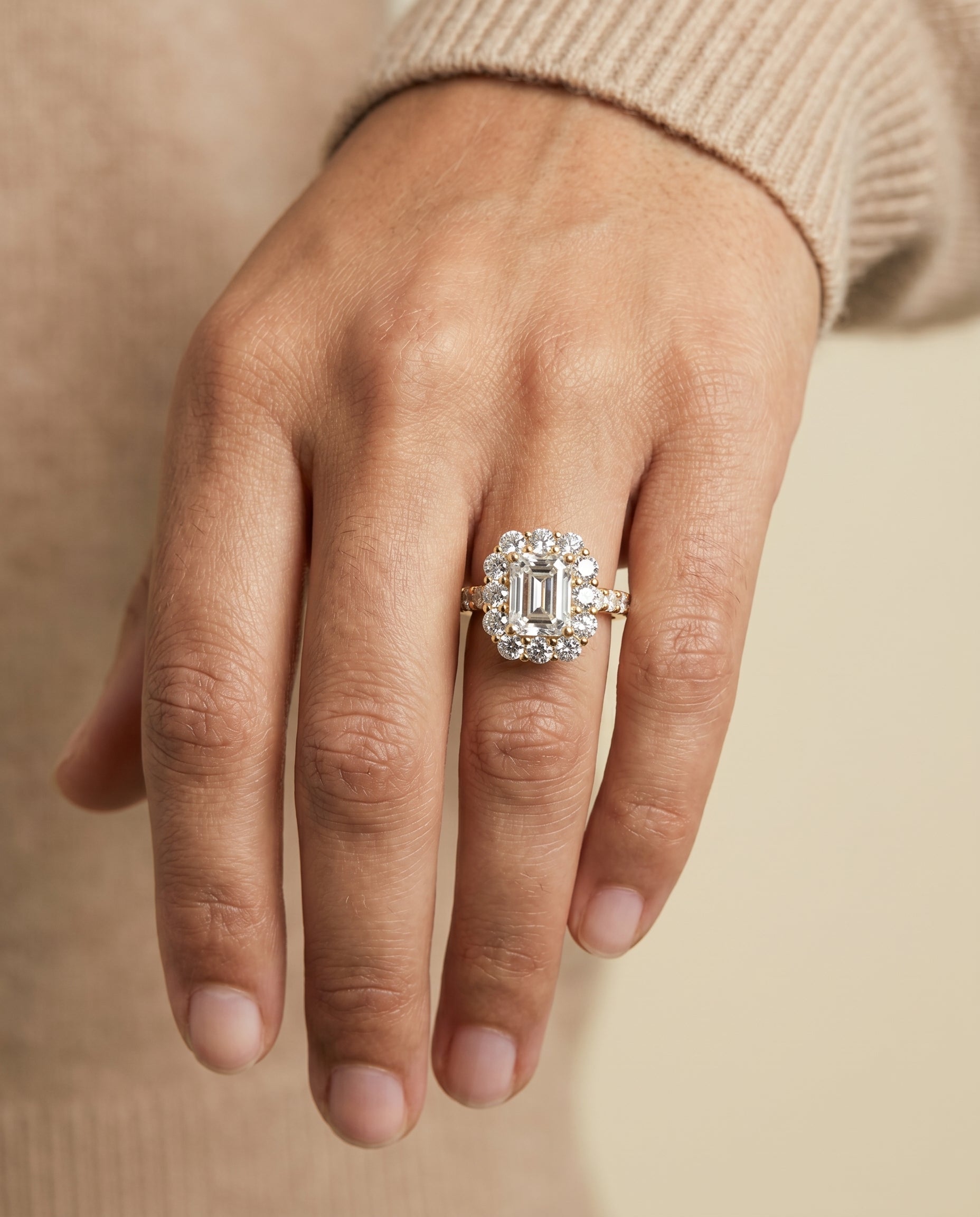 The Alannah engagement ring setting in 18K Yellow Gold, luxe french pavé halo cut design | RockHer