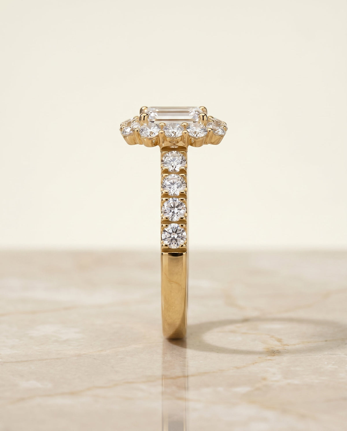 Alannah Select Halo Emerald Cut Lab Diamond Engagement Ring in 18K Yellow Gold, side view | RockHer