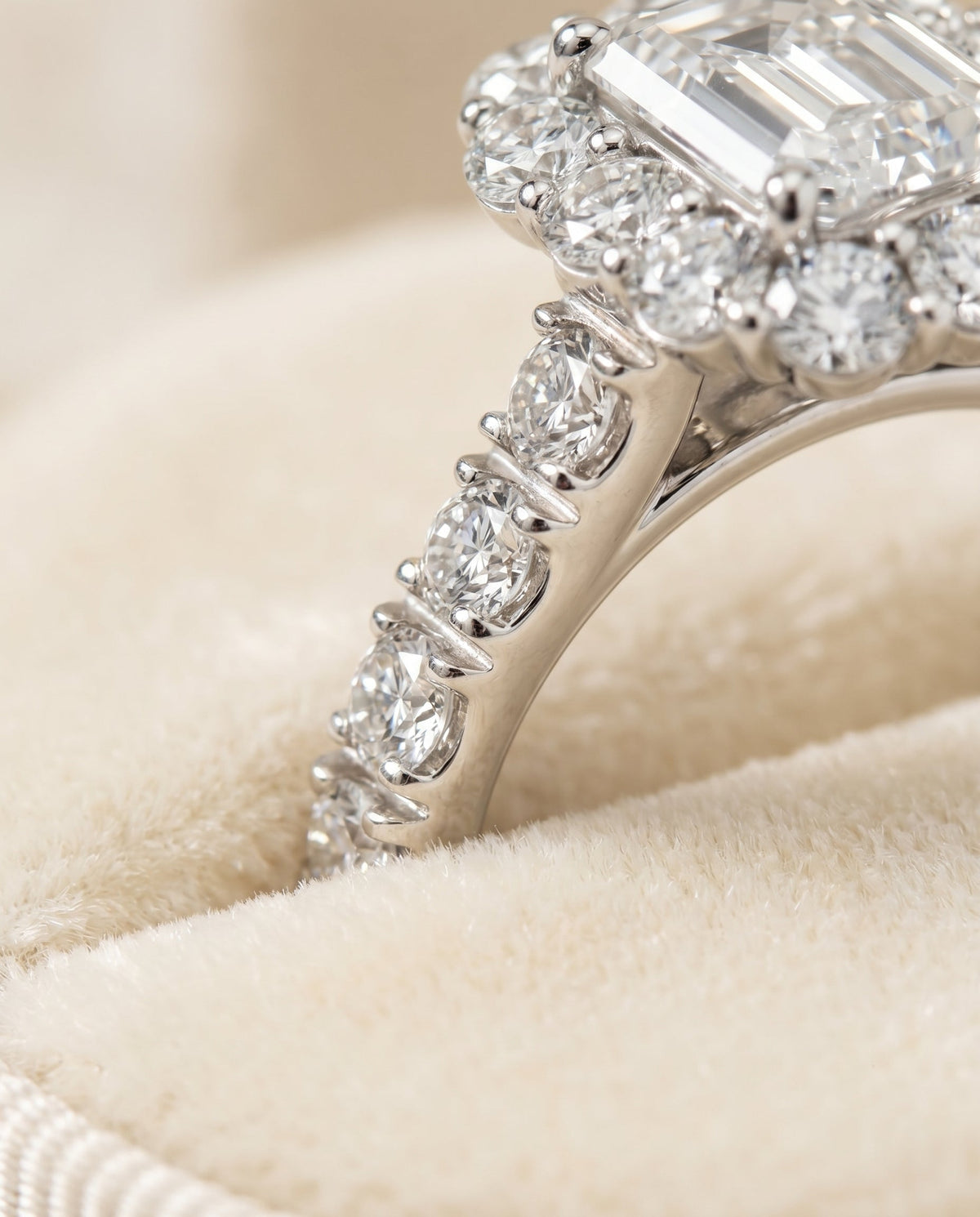 Alannah Select Halo Emerald Cut Lab Diamond Engagement Ring in Platinum, detail view | RockHer