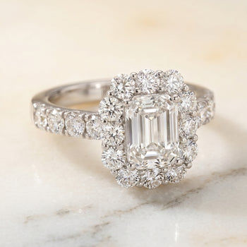 The Alannah Luxe French Pavé Halo Emerald Cut Engagement Ring Setting in 18K White Gold