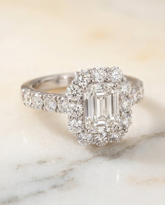 The Alannah Halo Engagement Ring Setting for Emerald Cut Diamonds in Platinum