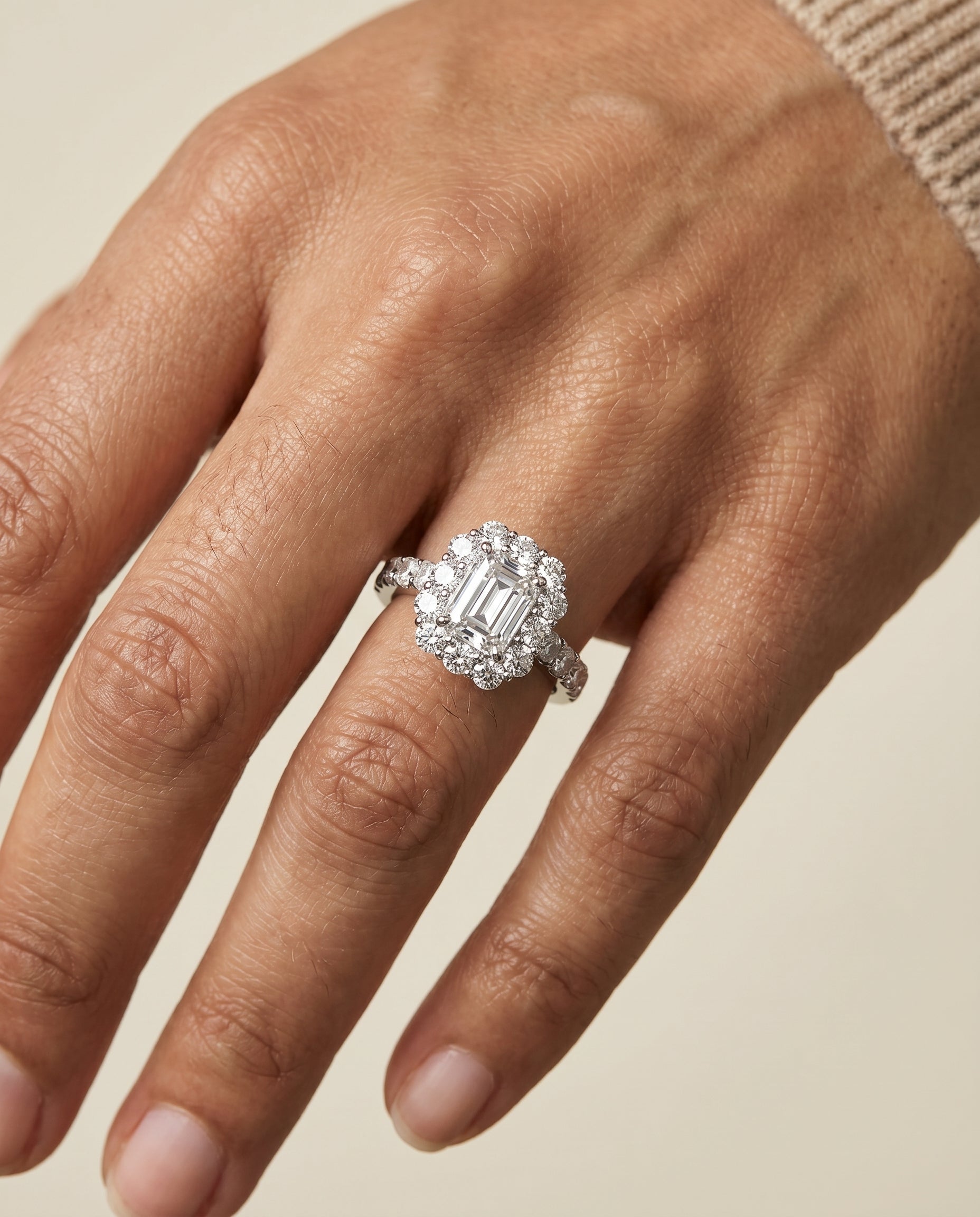 The Alannah engagement ring setting in Platinum, luxe french pavé halo cut design | RockHer