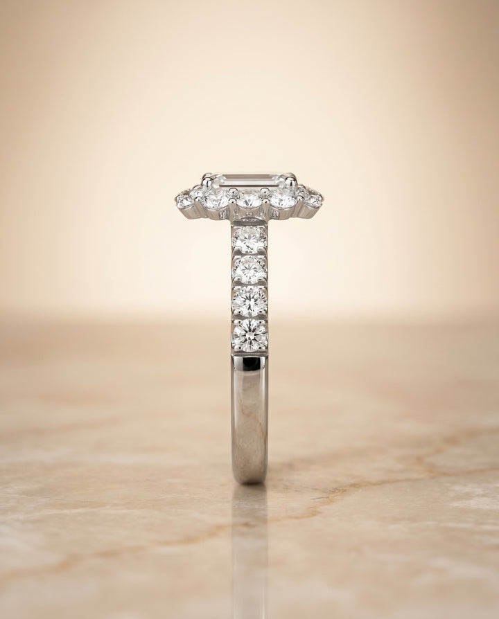 The Alannah Luxe French Pavé Halo Emerald Cut Engagement Ring Setting in Platinum