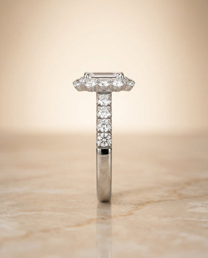 Alannah Select Halo Emerald Cut Lab Diamond Engagement Ring in 18K White Gold, side view | RockHer