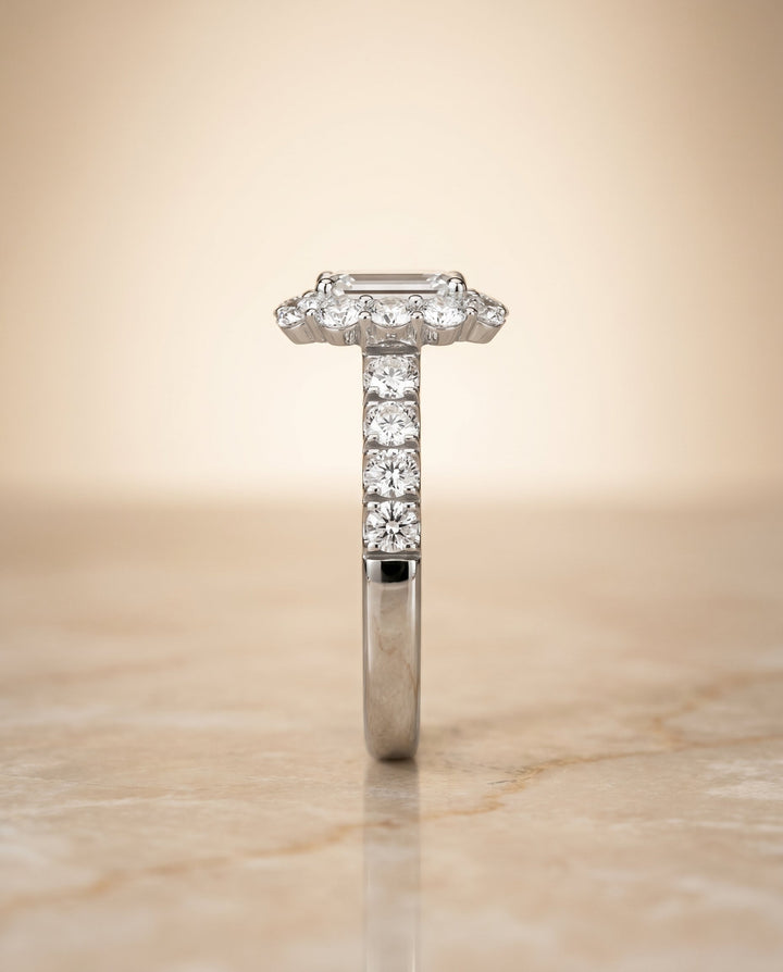 Alannah Select Halo Emerald Cut Lab Diamond Engagement Ring in Platinum, side view | RockHer