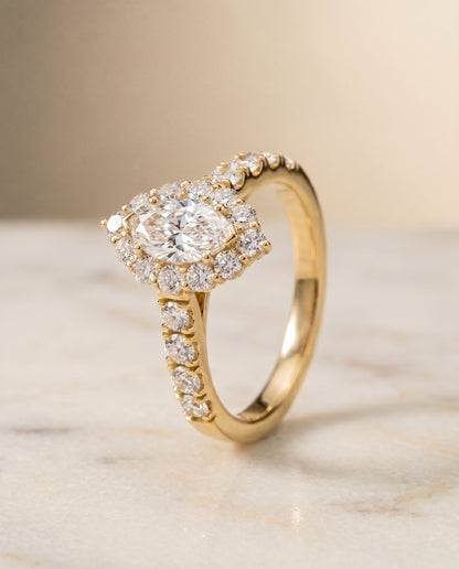 Alannah Select Halo Marquise Lab Diamond Engagement Ring in 18K Yellow Gold, front view | RockHer
