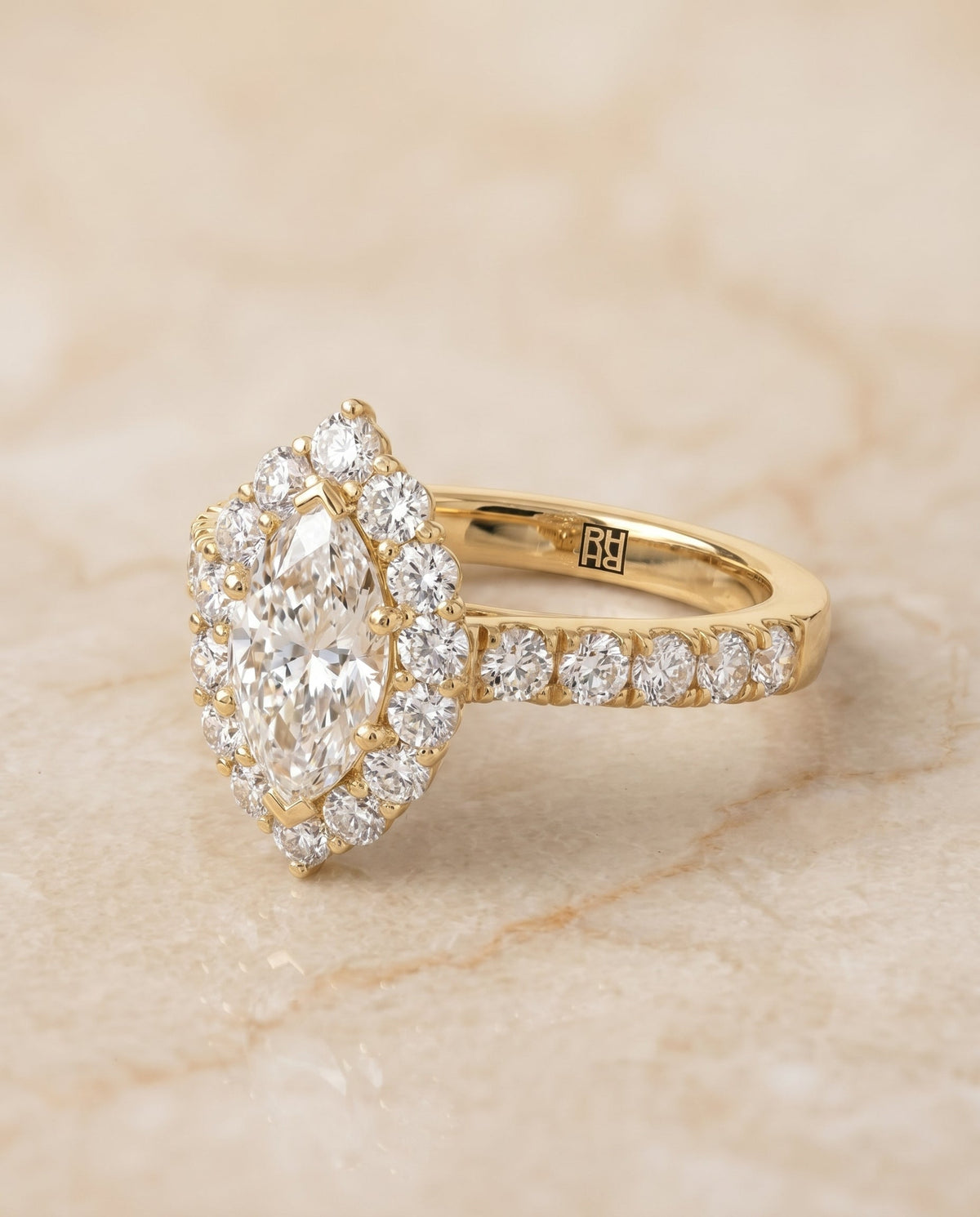 Alannah Select Halo Marquise Lab Diamond Engagement Ring in 18K Yellow Gold, shown on hand, angled | RockHer