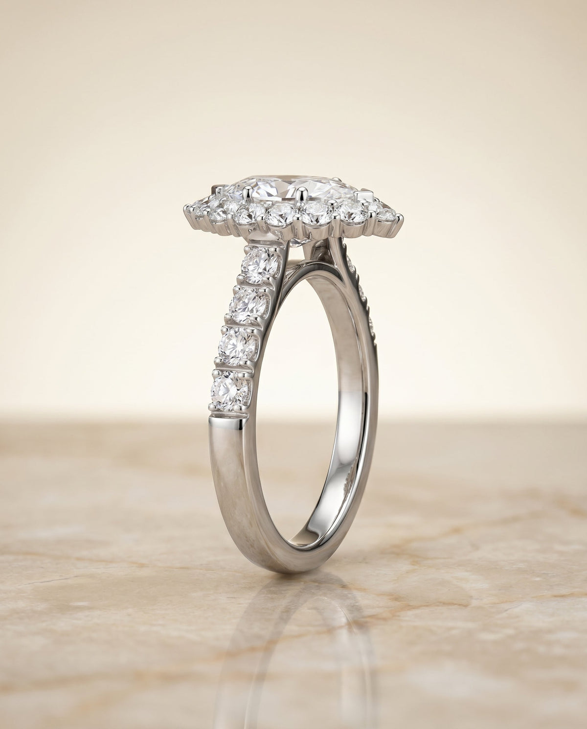 Alannah Select Halo Marquise Lab Diamond Engagement Ring in 18K White Gold, side view | RockHer